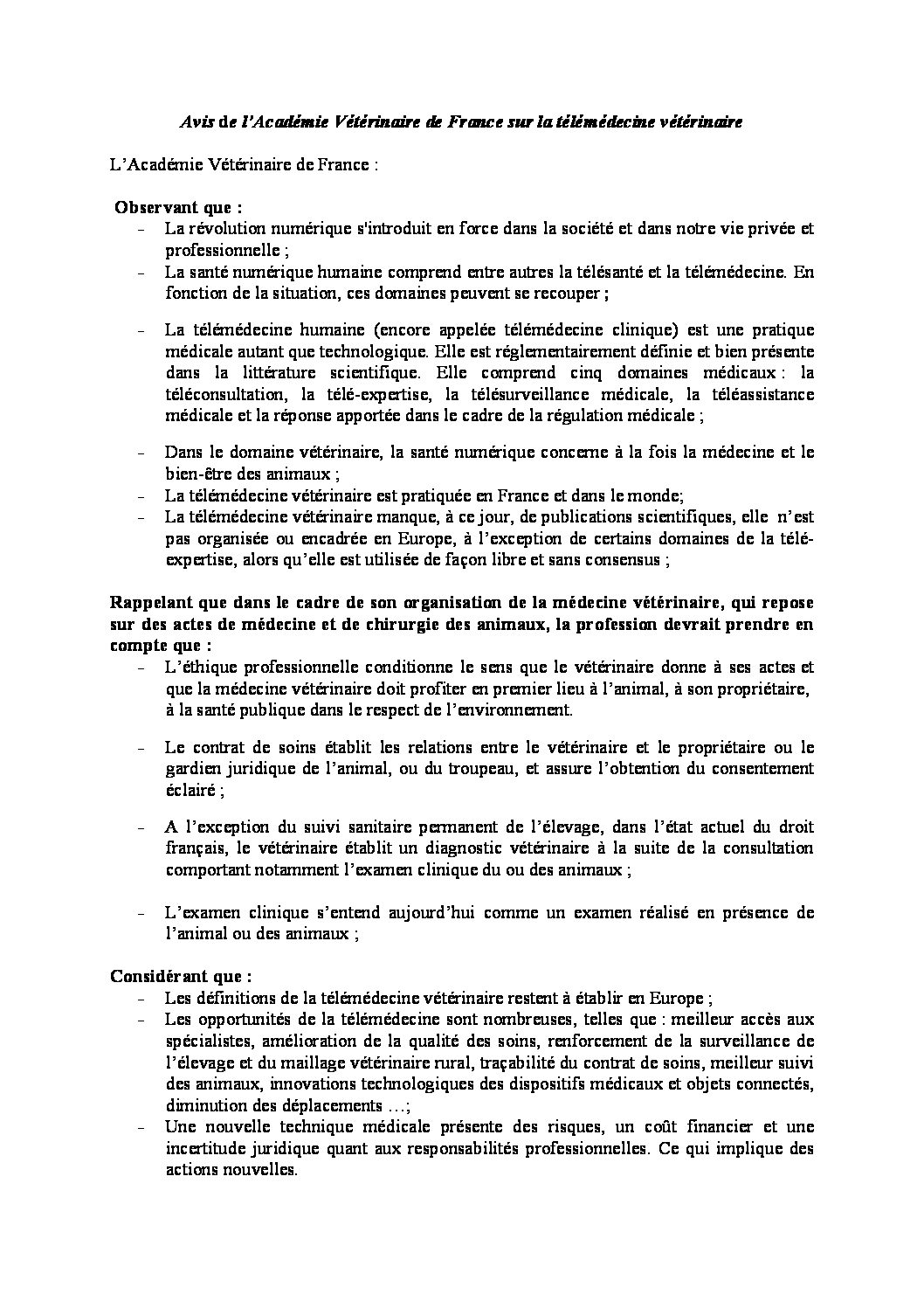 Avis académie vétérinaire Télémédecine