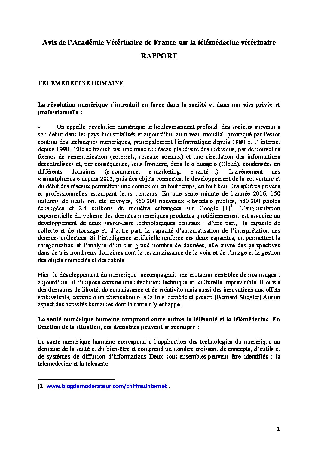 Rapport académie vétérinaire télémédecine